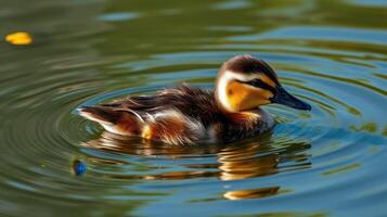 Colorful duckling swims gracefully in a serene pond during a sunny afternoon photo