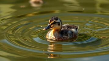 Duckling swims gracefully in calm rippling water at a serene pond during golden hour light photo