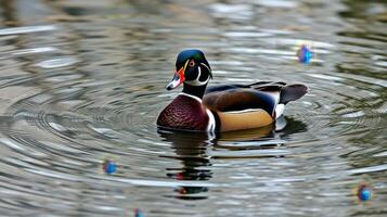 Wood duck swims gracefully in tranquil water surrounded by ripples and reflections photo