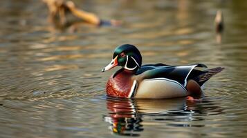 Colorful wood duck swimming in a tranquil pond reflecting nature's beauty in soft light photo