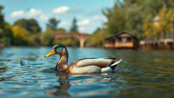 Duck swimming gracefully in a serene river setting surrounded by lush greenery and wooden structures photo