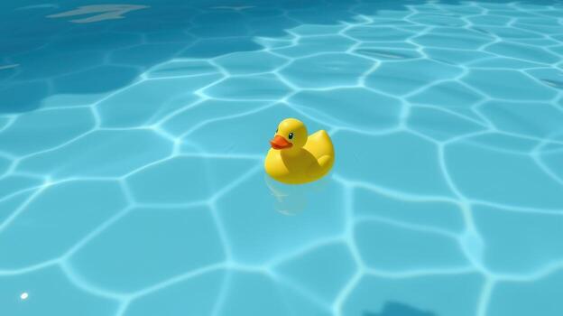 Bright yellow rubber duck floats peacefully in a sparkling blue pool under the sun in summer photo
