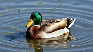 Mallard duck gracefully swims in a tranquil pond reflecting gentle ripples in the water photo