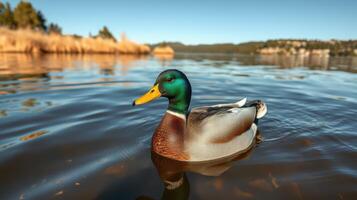 Mallard duck swimming peacefully in a serene lake surrounded by lush greenery during a clear sunny day photo