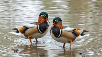 Colorful mandarin ducks interacting in a serene pond during early morning light photo