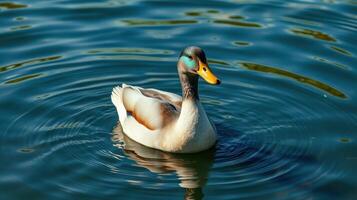 Duck swimming gracefully in calm water reflections during a sunny day photo