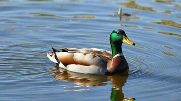 Mallard duck swimming peacefully on a calm lake during a sunny day photo