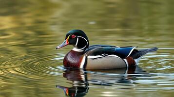 Wood duck swims gracefully in tranquil pond during sunrise near lush green plants photo