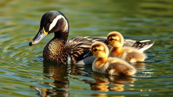 Mother duck swims with her adorable ducklings in a serene pond during a sunny day photo
