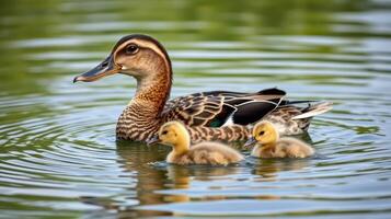 Mother duck swims peacefully with her adorable ducklings in a tranquil pond during a sunny afternoon photo