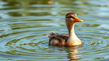 Duck swimming gracefully in a serene pond surrounded by glistening water photo