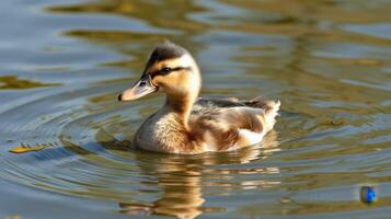 Small duck swims gracefully in a serene pond surrounded by rippling water and gentle reflections during a sunny day photo