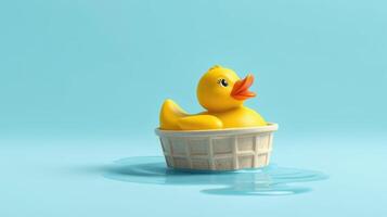 Colorful rubber duck floats in a small basket on calm blue water, creating a cheerful and playful atmosphere photo