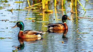 Ducks swimming peacefully in a serene marsh ecosystem surrounded by lush greenery photo