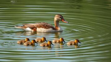 Mother duck swimming with her ducklings in a tranquil pond during a sunny day photo