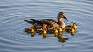 Mother duck swimming with her ducklings in tranquil water during sunset light photo