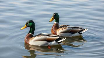 Mallard ducks swimming gracefully in calm water during a sunny afternoon photo