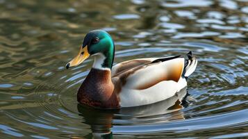 Colorful mallard duck swimming in a serene pond during sunny daylight hours photo