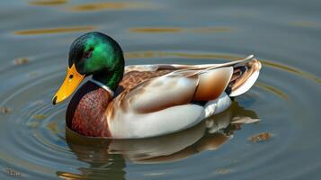 Male mallard duck swimming in a calm pond surrounded by rippling water and soft reflections during a sunny day photo