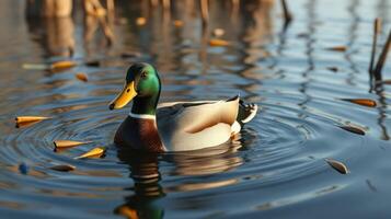 Mallard duck gliding through calm waters surrounded by autumn leaves in a serene wetland environment photo