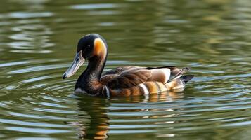 Duck swims gracefully in a serene pond, creating ripples on the surface during a sunny afternoon photo