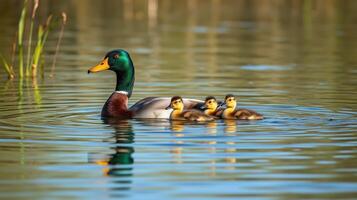 Mother duck swims with her ducklings in a calm pond surrounded by grass during a sunny afternoon photo