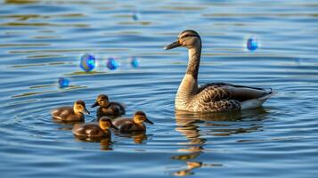 Mother duck swims with ducklings in serene water surrounded by gentle blue bubbles during a sunny day photo