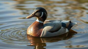 Majestic male duck swims gracefully in the tranquil waters of a serene pond during golden hour photo