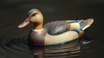 Wooden duck decoy floating on calm water with circular ripples reflecting its natural colors photo