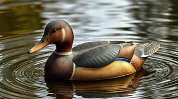 Duck gliding smoothly across a serene pond surrounded by lush greenery on a calm afternoon photo