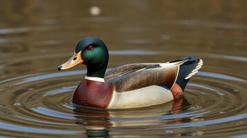 Colorful mallard duck swims gracefully in a calm pond during the afternoon light photo