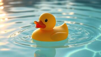 Bright yellow rubber duck floats peacefully on the surface of a calm blue pool during sunny weather photo