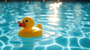 Floating yellow rubber duck on a blue surface reflecting sunlight in a tranquil pool setting photo