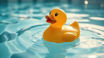Bright yellow rubber duck floats gently in a serene pool during a sunny afternoon photo