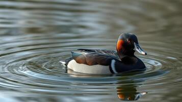 Duck swimming gracefully in calm water with ripples creating mesmerizing patterns at dawn photo
