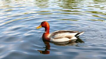 Mallard duck gracefully swims in a serene pond during a sunny afternoon photo