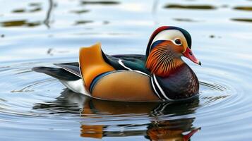 Colorful mandarin duck swimming in serene water during a sunny day at a tranquil lake photo