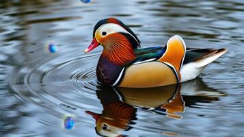 Colorful mandarin duck swimming gracefully on calm water with rippling reflections photo