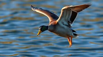 Mallard duck in flight over a shimmering lake during sunset photo