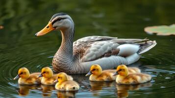 Mother duck and her ducklings swimming together in a serene pond during early morning hours photo