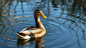Mallard duck gracefully swimming in a serene pond during a sunny afternoon photo