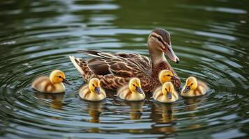 Mallard duck and her ducklings swimming in a tranquil pond during a sunny day photo