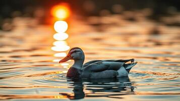 Duck swimming in a serene lake during sunset with golden reflections on the water photo