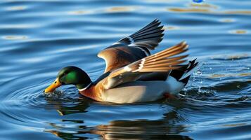Mallard duck gracefully gliding across the sparkling water under bright sunlight in a tranquil setting photo