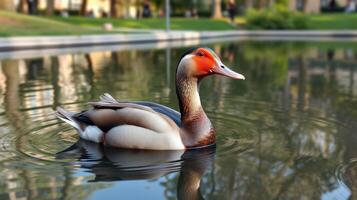 Duck swimming serenely on a calm pond with reflections of trees in the background during a sunny day photo