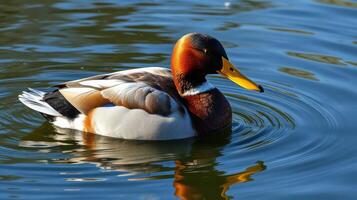 Colorful duck swimming gracefully on a serene pond during a bright morning photo