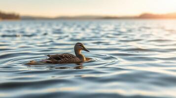 Duck gracefully swimming in a serene lake at sunset with vibrant reflections on the water photo