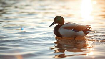 Mallard duck swimming in serene waters during golden hour light near a tranquil lakeside photo