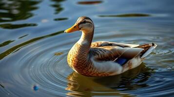 Duck swimming peacefully in a pond surrounded by serene water and gentle ripples during a sunny afternoon photo