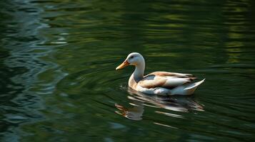 Brown and white duck swimming peacefully in a calm lake during a sunny day photo